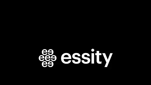 Weißes Essity Logo mit Symbol und Schriftzug auf schwarzem Hintergrund