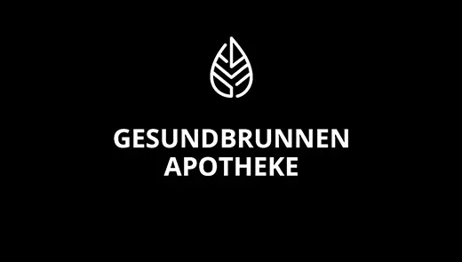 Typografisches Logo von Gesundbrunnen Apotheke in weißer Schrift auf schwarzem Hintergrund