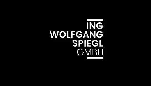 Typografisches Logo von ING Wolfgang Spiegl GmbH in weißer Schrift auf schwarzem Hintergrund