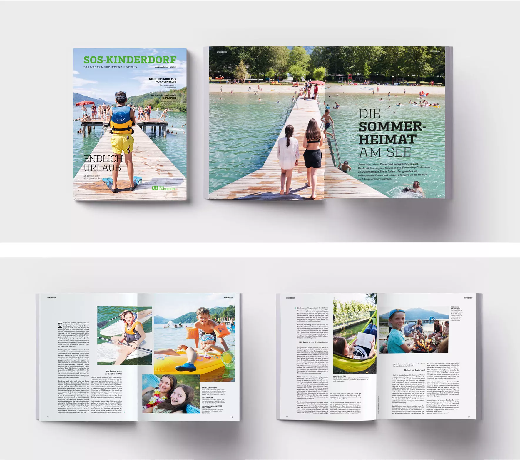 SOS Kinderdorf Magazin Übersicht Sommer Reportage See Editorial Design Dworak Kornmesser München Übersicht von Magazinseiten des SOS-Kinderdorf Magazins mit Sommerreportage am See, Kindern beim Baden und Freizeitaktivitäten im Wasser