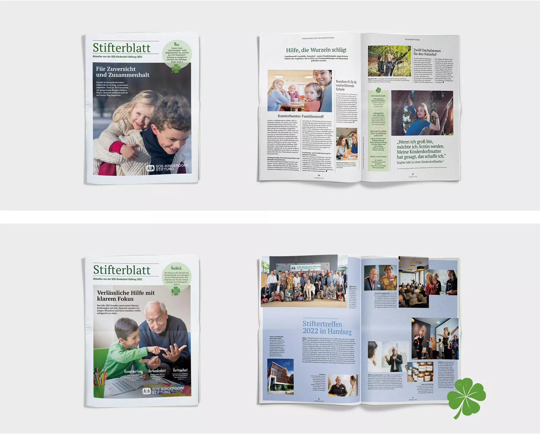 Stifterblatt Magazin Übersicht Titelbilder Reportagen Editorial Design Dworak Kornmesser München Collage aus Magazinseiten des Stifterblatt Magazins mit Titelbildern, Reportagen und Fotostrecken über Familie, Unterstützung und soziale Projekte