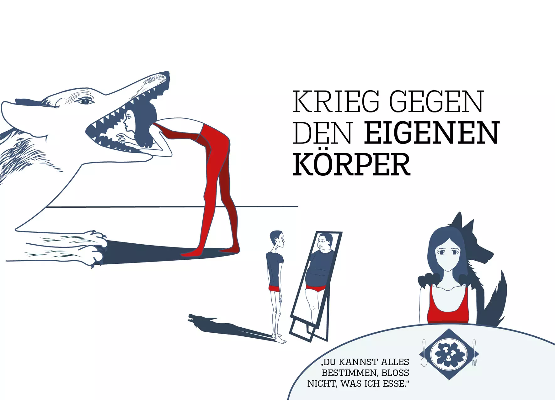 Illustration Editorial Design Essstörung Körperbild Magazin Dworak Kornmesser München Illustration zum Thema Essstörung und Körperbild mit surrealen Motiven wie einer Figur vor einem Spiegel und einem Tier, das den Körper verschlingt