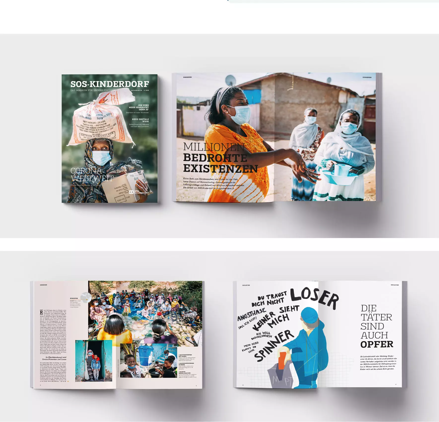 SOS Kinderdorf Magazin Übersicht Corona Reportage und Illustration Editorial Design Dworak Kornmesser München Collage aus Magazinseiten von SOS-Kinderdorf mit Reportagen zur Corona-Pandemie, Fotos von Menschen mit Schutzmasken sowie illustrativen Beiträgen zu sozialen Themen
