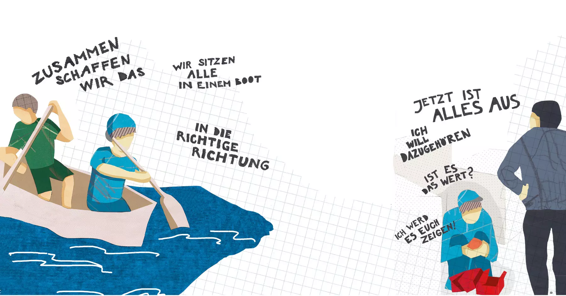 Illustration Editorial Design Zusammenhalt Ausgrenzung Gesellschaft Magazin Dworak Kornmesser München Editorial Illustration zum Thema Zusammenhalt und Ausgrenzung mit Personen in einem Boot sowie einer isolierten Figur und typografischen Aussagen