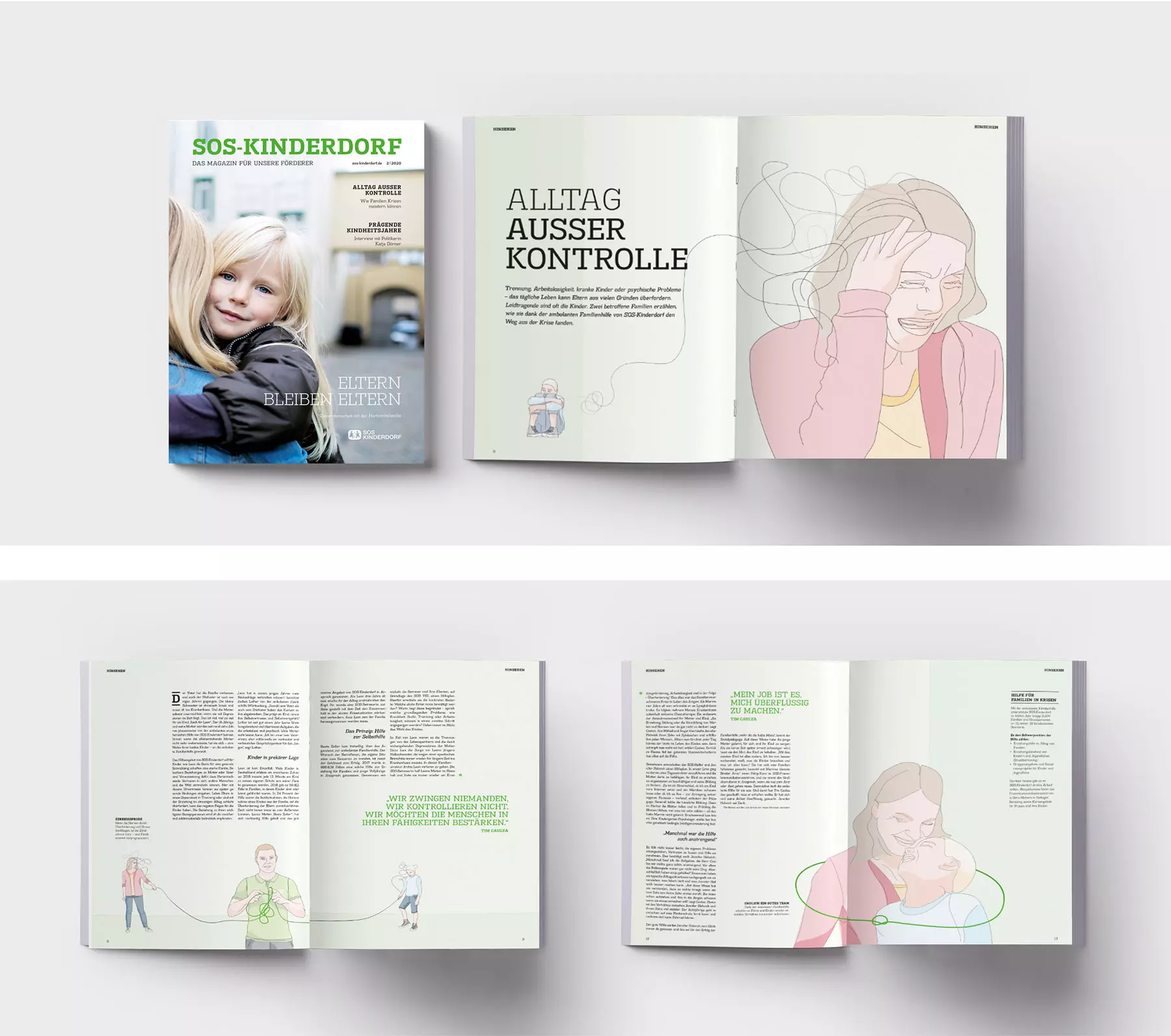 SOS Kinderdorf Magazin Übersicht Titelbild Reportage Illustration Alltag Kontrolle Editorial Design Dworak Kornmesser München Collage aus Magazinseiten des SOS-Kinderdorf Magazins mit Titelbild eines Kindes sowie Reportagen und Illustrationen zum Thema Alltag und emotionale Belastung