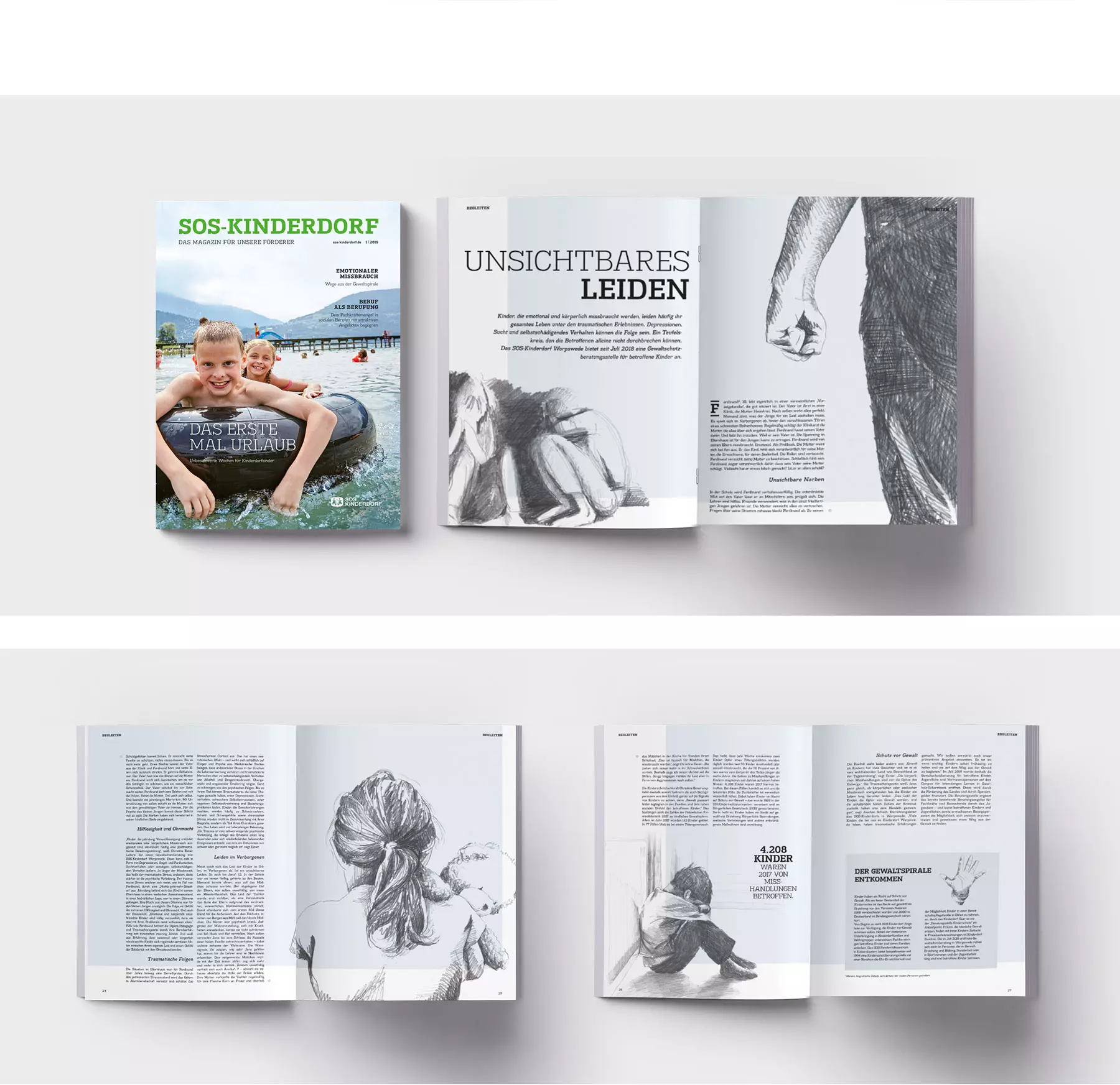 SOS Kinderdorf Magazin Übersicht Titelbild Reportage Unsichtbares Leiden Illustration Editorial Design Dworak Kornmesser München Collage aus Magazinseiten des SOS-Kinderdorf Magazins mit Titelbild eines Kindes am Wasser sowie Reportage und Illustrationen zum Thema emotionales Leiden und mentale Belastung