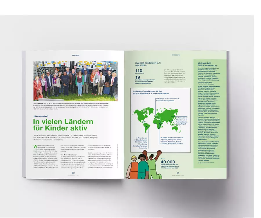 SOS Kinderdorf Jahresbericht Doppelseite Infografik Weltkarte Editorial Design Dworak Kornmesser München oppelseite des SOS-Kinderdorf Jahresberichts mit Gruppenfoto, Texten und Infografik mit Weltkarte zu internationalen Projekten und Aktivitäten