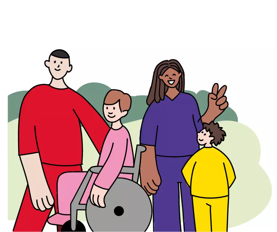 Illustration Familie Inklusion Diversität Kinder Rollstuhl soziale Integration Editorial Design Illustration einer diversen Familie mit zwei Erwachsenen und zwei Kindern, eines im Rollstuhl, als Darstellung von Inklusion und sozialer Vielfalt
