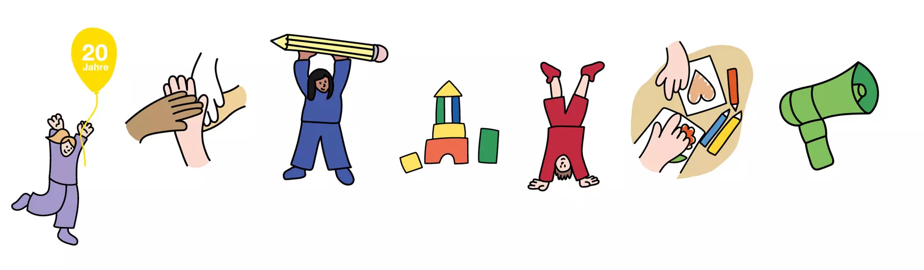 Illustrationen Kinder Bildung Kreativität Inklusion Icons Editorial Design soziale Themen Reihe von Illustrationen mit Kindern beim Lernen, Spielen und kreativen Arbeiten, darunter Zeichnen, Bauen und Bewegung als Darstellung von Bildung und Entwicklung