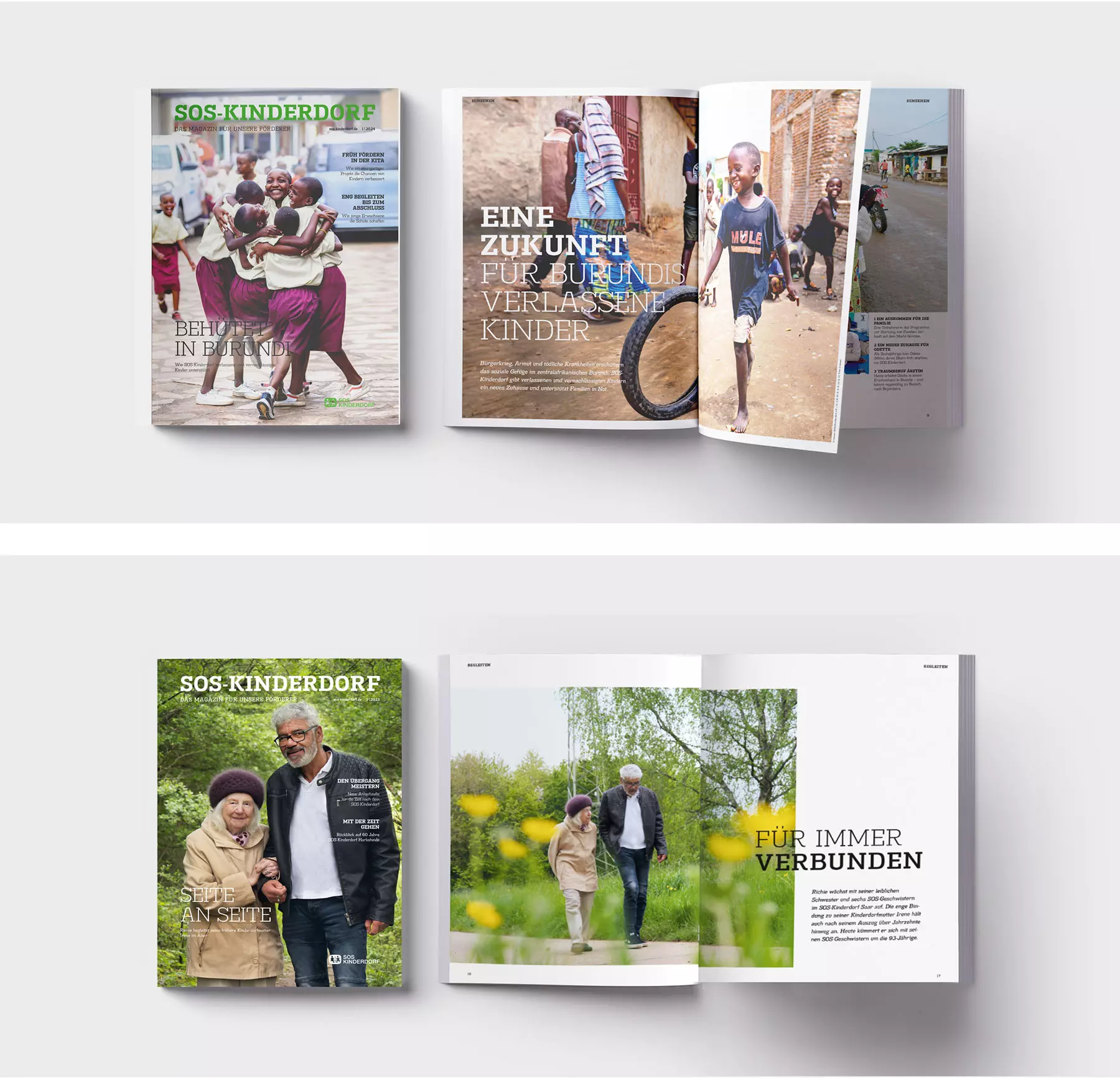 SOS Kinderdorf Magazin Übersicht Titelbilder und Reportagen Editorial Design Dworak Kornmesser München Übersicht mehrerer Ausgaben des SOS-Kinderdorf Magazins mit verschiedenen Titelbildern und Reportagen zu Themen wie Familie, Kinder und internationale Projekte