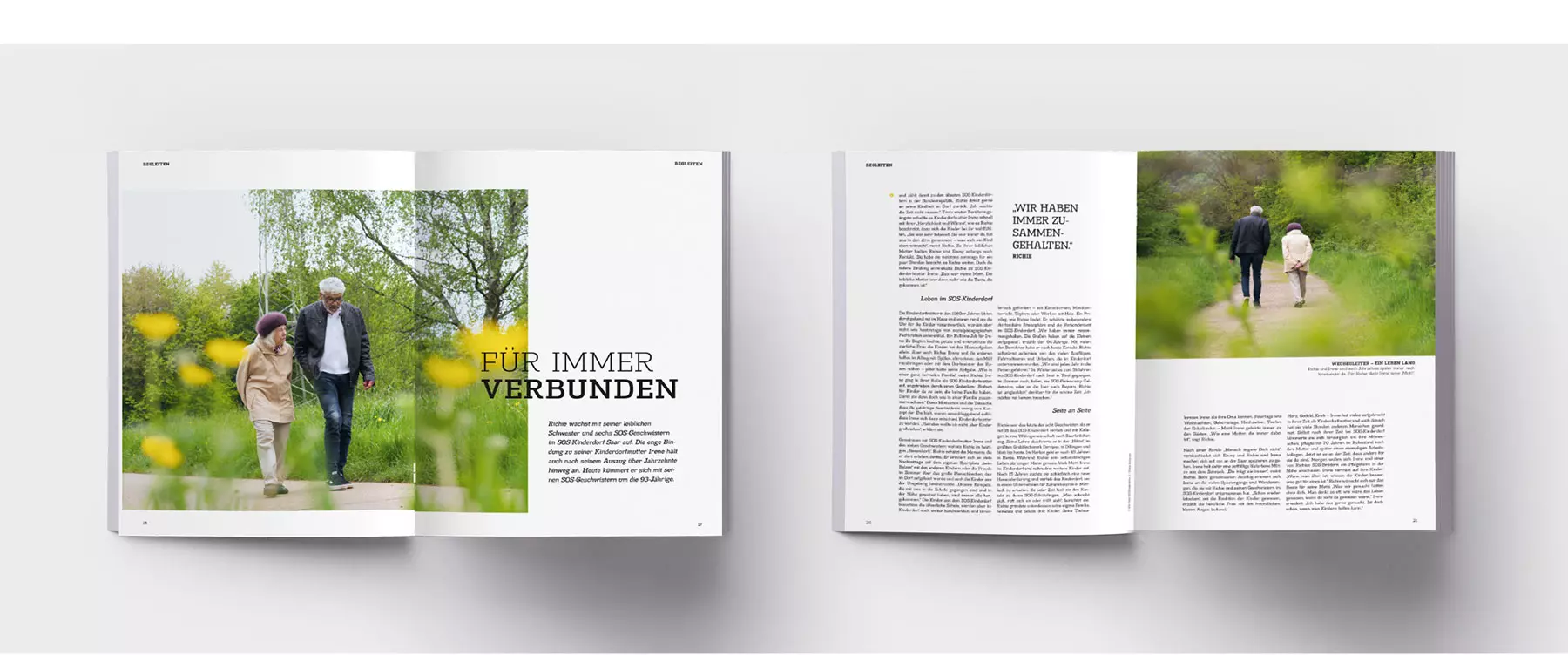 SOS Kinderdorf Magazin Reportage Zusammenhalt älteres Paar Editorial Design Dworak Kornmesser München Doppelseiten des SOS-Kinderdorf Magazins mit einem älteren Paar beim Spaziergang in der Natur und einem Artikel über Zusammenhalt und Beziehung