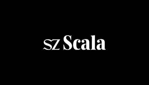 Weißes SZ-Scala Logo mit Symbol und Schriftzug auf schwarzem Hintergrund