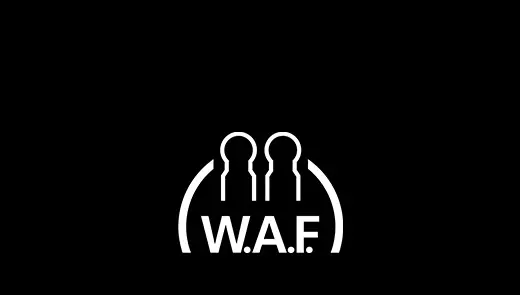 Logo von W.A.F mit stilisierten Figuren und typografischem Schriftzug auf schwarzem Hintergrund