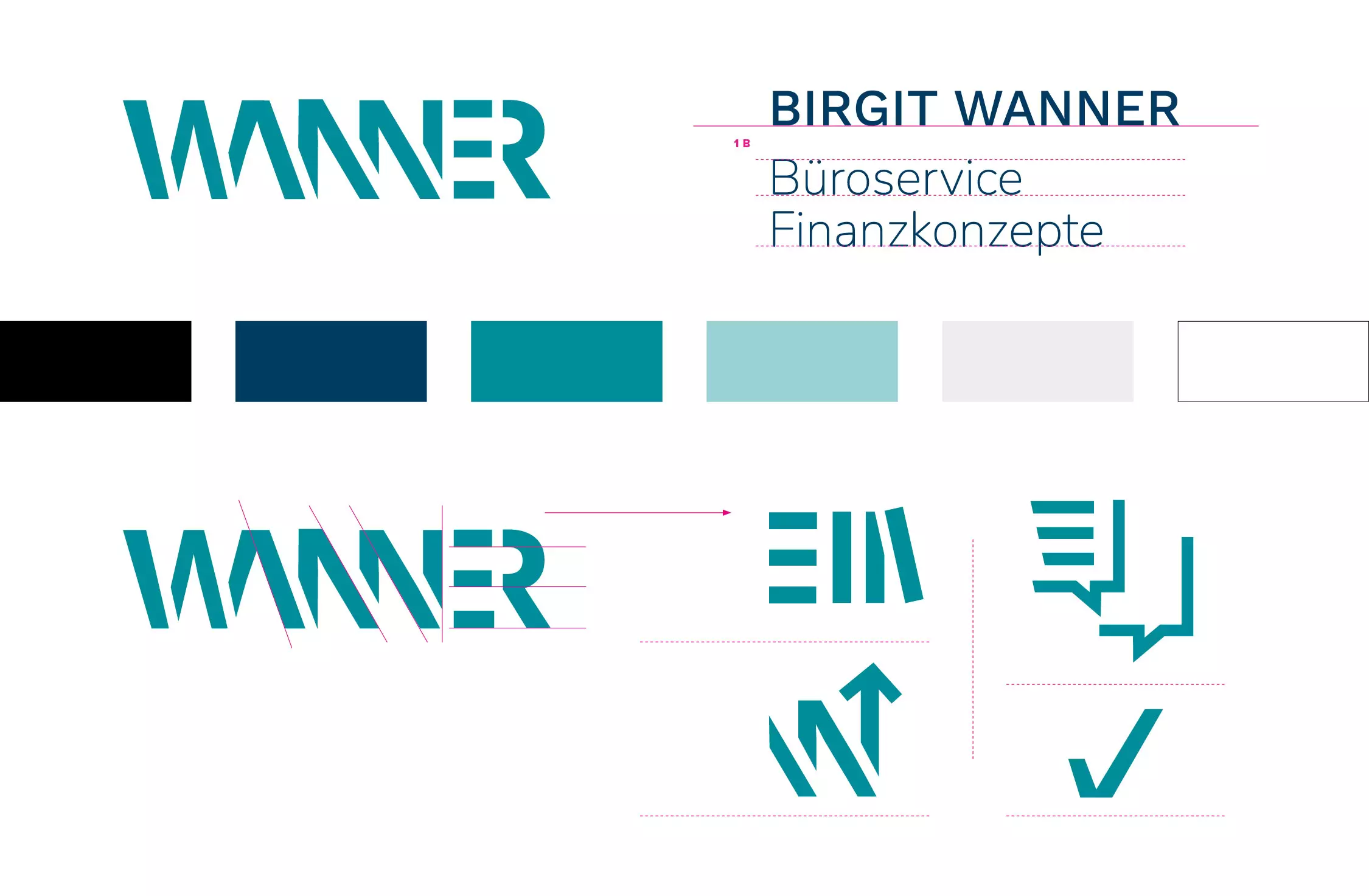 Übersicht des Corporate Designs von Wanner mit Logo, Farbpalette und grafischen Gestaltungselementen für Büroservice und Finanzkonzepte