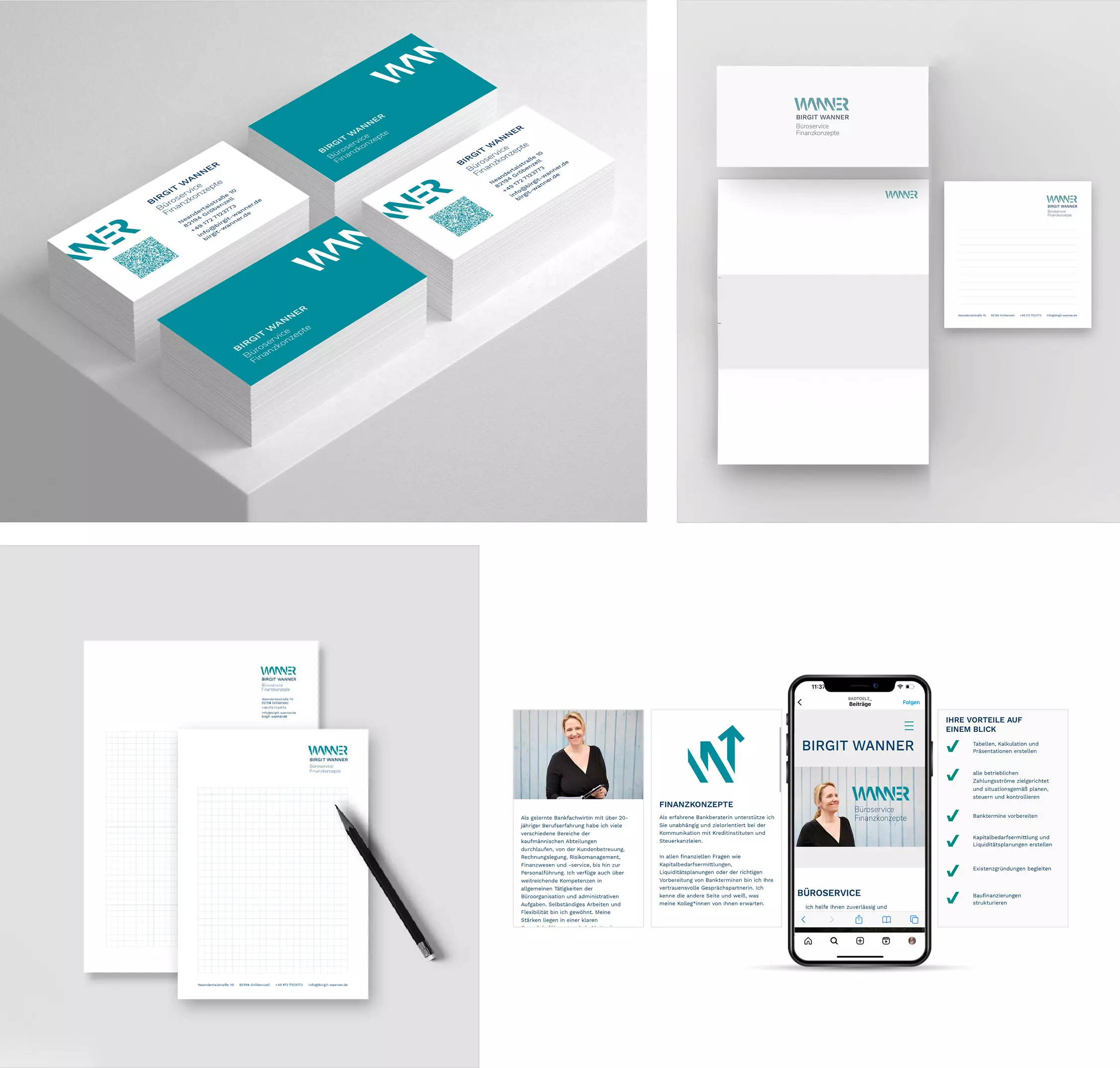 Übersicht des Corporate Designs von Wanner mit Visitenkarten, Briefpapier, Notizblock und Website Darstellung auf Smartphone als Branding Anwendung
