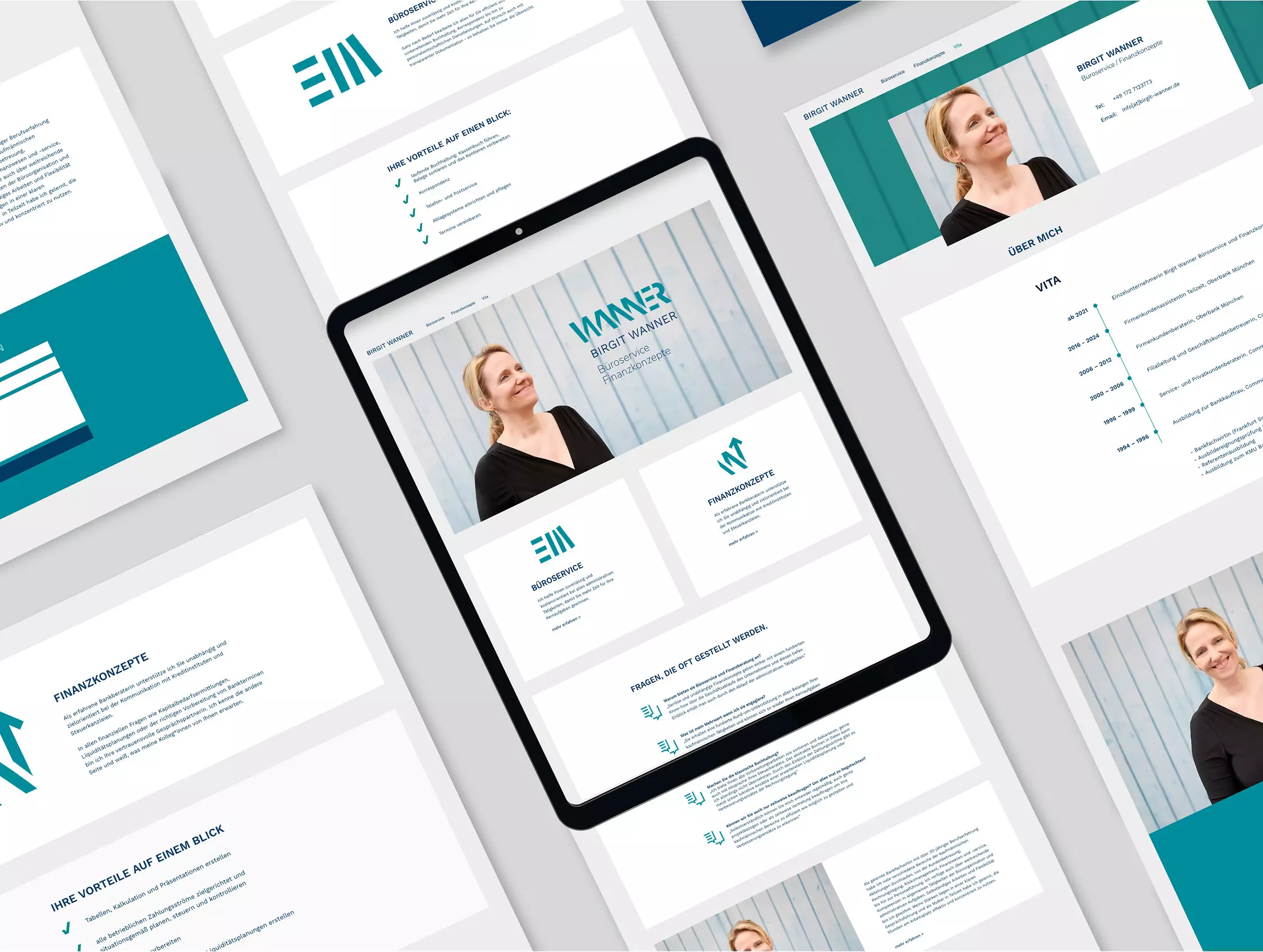 Website Design von Wanner Büroservice und Finanzkonzepte auf Tablet dargestellt, eingebettet in Corporate Design Layout mit Typografie und Inhalten