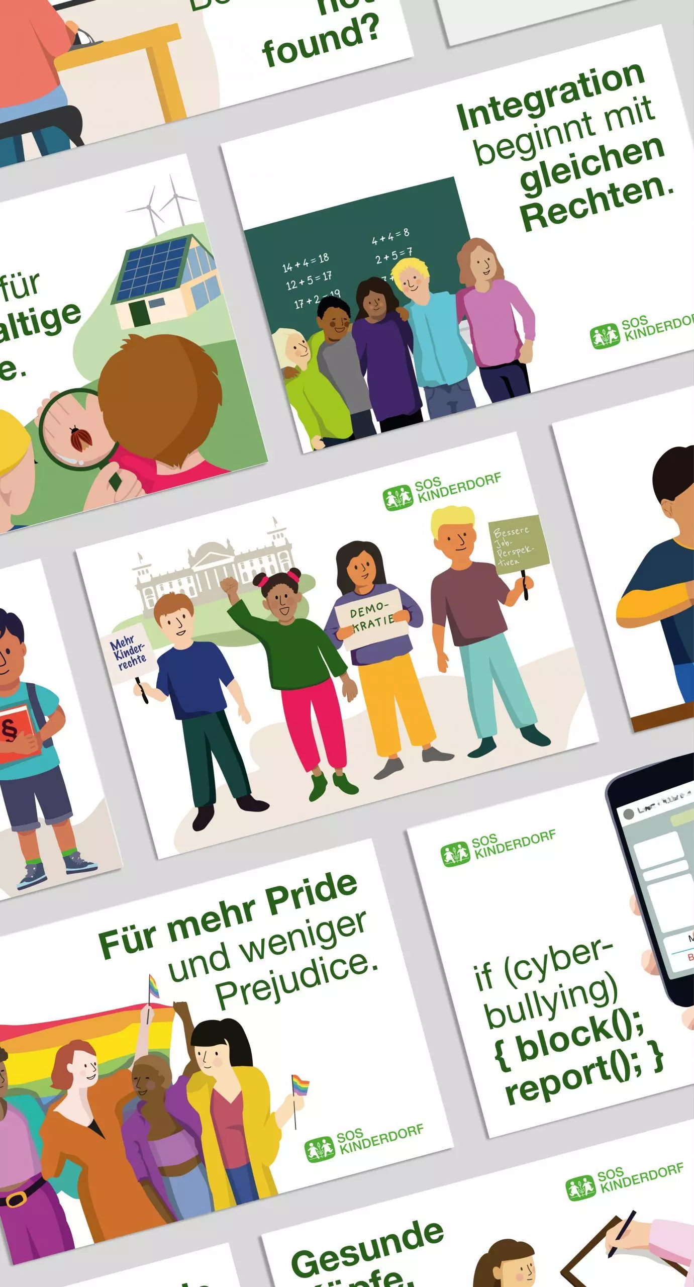 SOS Kinderdorf Illustrationen Kampagne Diversität und Inklusion Editorial Design Dworak Kornmesser München Illustrationsreihe zu Diversität und Inklusion für SOS-Kinderdorf mit unterschiedlichen Menschen und sozialen Themen