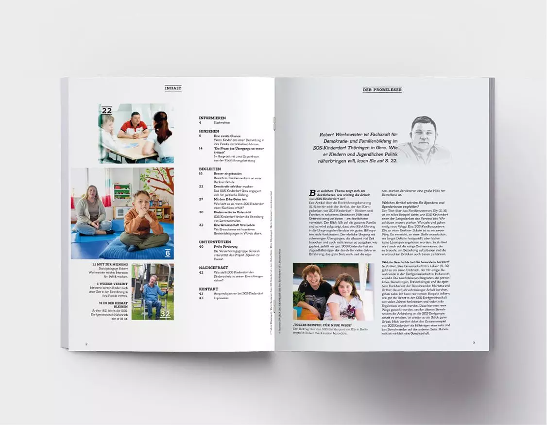 SOS Kinderdorf Magazin Inhaltsverzeichnis und Artikel Editorial Design Dworak Kornmesser München Doppelseite des SOS-Kinderdorf Magazins mit Inhaltsverzeichnis und Artikel über einen Facharzt, ergänzt durch Porträtfotos und redaktionelle Gestaltung