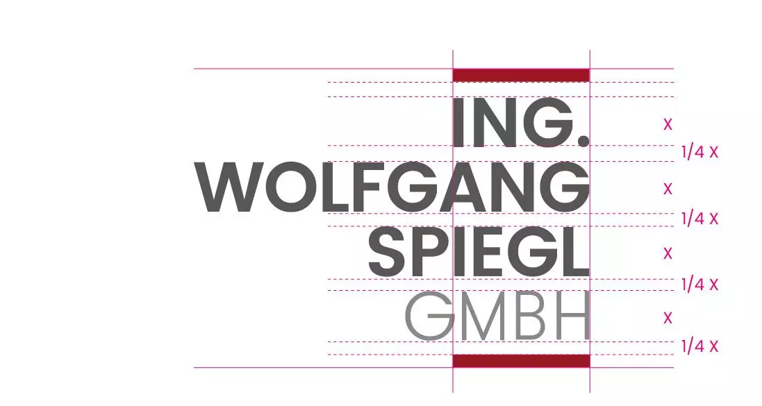 Logo Gestaltung ING Wolfgang Spiegl GmbH Typografie Raster Corporate Design Darstellung der Logo Gestaltung von ING Wolfgang Spiegl GmbH mit typografischem Raster und Konstruktionslinien