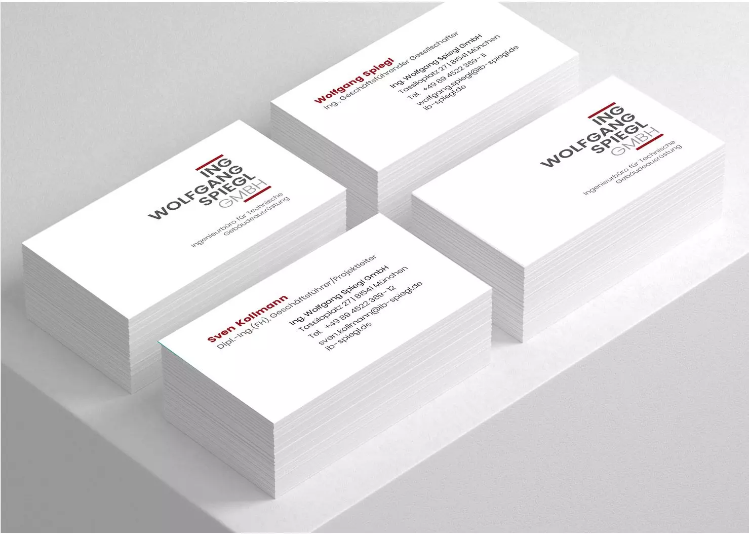 Visitenkarten ING Wolfgang Spiegl GmbH Corporate Design Geschäftsausstattung Visitenkarten der ING Wolfgang Spiegl GmbH im Corporate Design mit Logo und typografischer Gestaltung