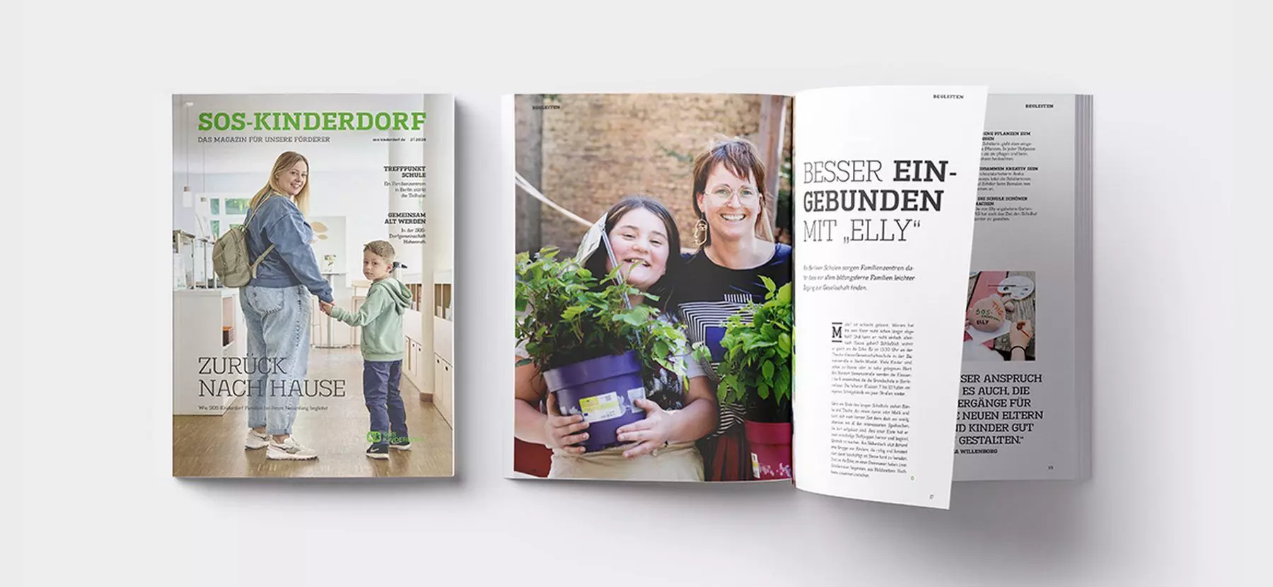 SOS Kinderdorf Magazin Titelbild und Reportage Zurück nach Hause Editorial Design Dworak Kornmesser München Titelbild und Doppelseite des SOS-Kinderdorf Magazins mit einer Mutter und einem Kind sowie einer Reportage über Familie und Ankommen im neuen Zuhause
