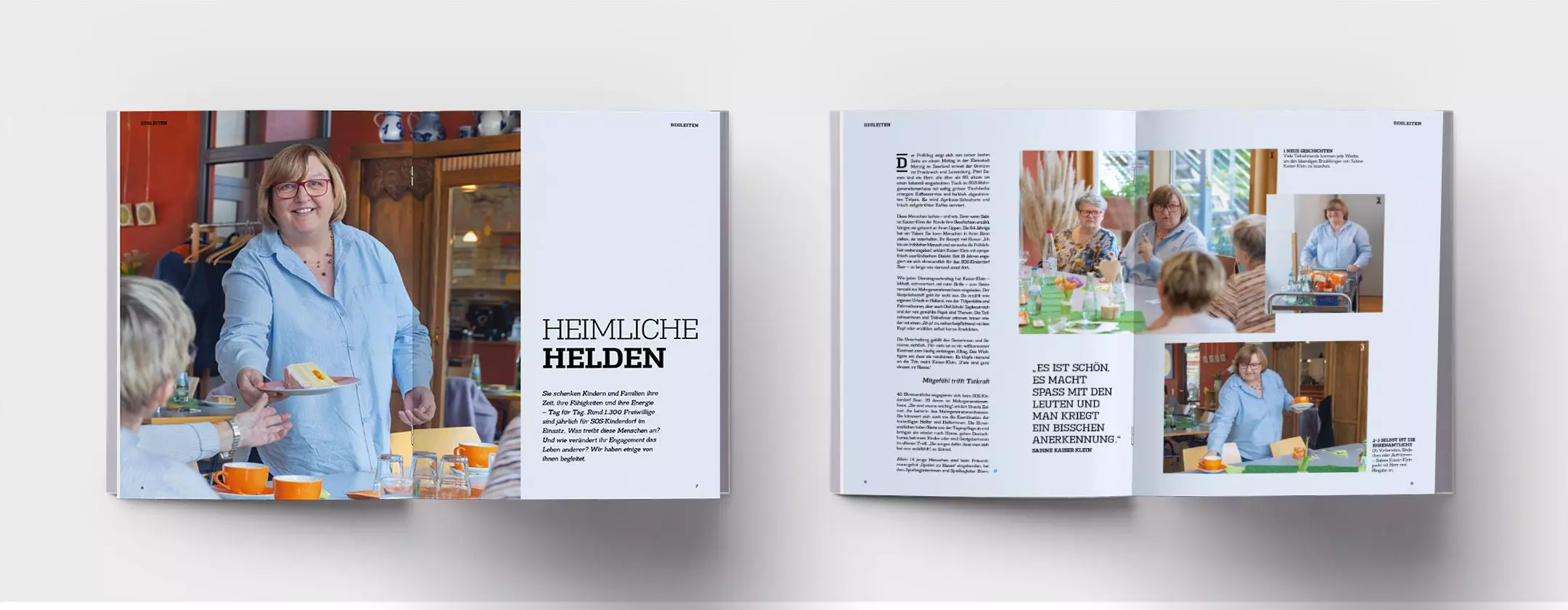 SOS Kinderdorf Magazin Innenseiten Reportage Heimliche Helden Editorial Design Dworak Kornmesser München Doppelseite des SOS-Kinderdorf Magazins mit Reportage über eine Frau bei der Arbeit im Café, die Essen serviert und mit Gästen interagiert