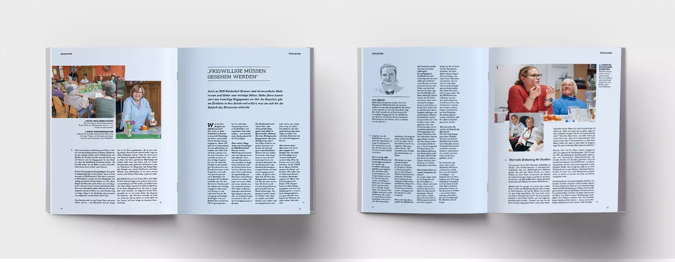 SOS Kinderdorf Magazin Innenseiten Reportage Freiwillige Engagement Editorial Design Dworak Kornmesser München Doppelseiten des SOS-Kinderdorf Magazins mit Reportage über freiwilliges Engagement, inklusive Interviews, Textbeiträge und Fotos von Menschen im Gespräch