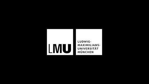 Weißes Ludwig-Maximilians-Universität München Logo mit Symbol und Schriftzug auf schwarzem Hintergrund