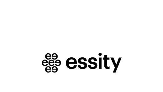 Essity_Logo Weißes Essity Logo mit Symbol und Schriftzug auf schwarzem Hintergrund