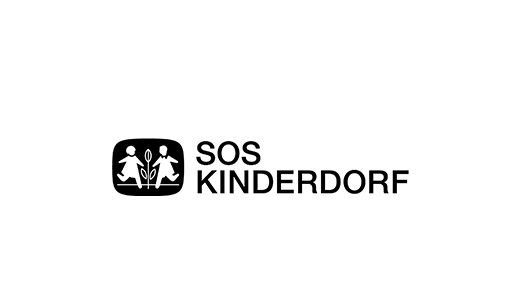 SOS_Logo Weißes SOS-Kinderdorf Logo mit Symbol und Schriftzug auf schwarzem Hintergrund
