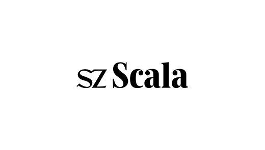 SZ_Scala_Logo Weißes SZ-Scala Logo mit Symbol und Schriftzug auf schwarzem Hintergrund