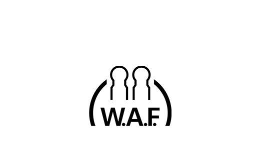 WAF_Logo Logo von W.A.F mit stilisierten Figuren und typografischem Schriftzug auf schwarzem Hintergrund